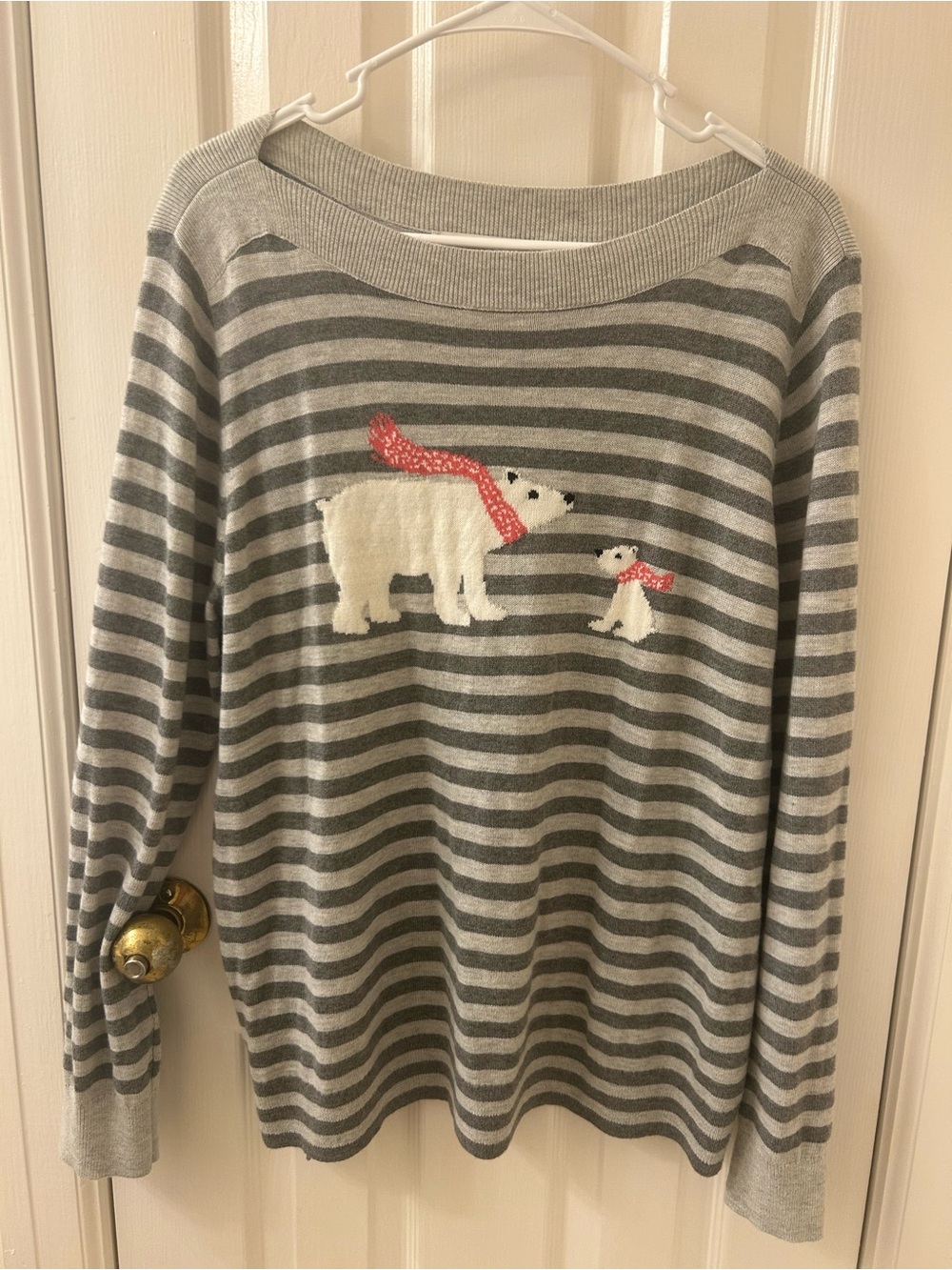 LOFT Gray Striped Polar Bear Sweater with Red Scarf Detail
